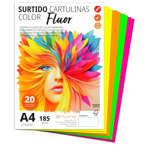 Cartulina A4 de Colores, Cartulinas 185g/m2 para Manualidades, Educación, Hogar, Arte o Empresas, Papel de Colores A4 Surtidos - Ofituria (25 uds, Surtido Fluor)