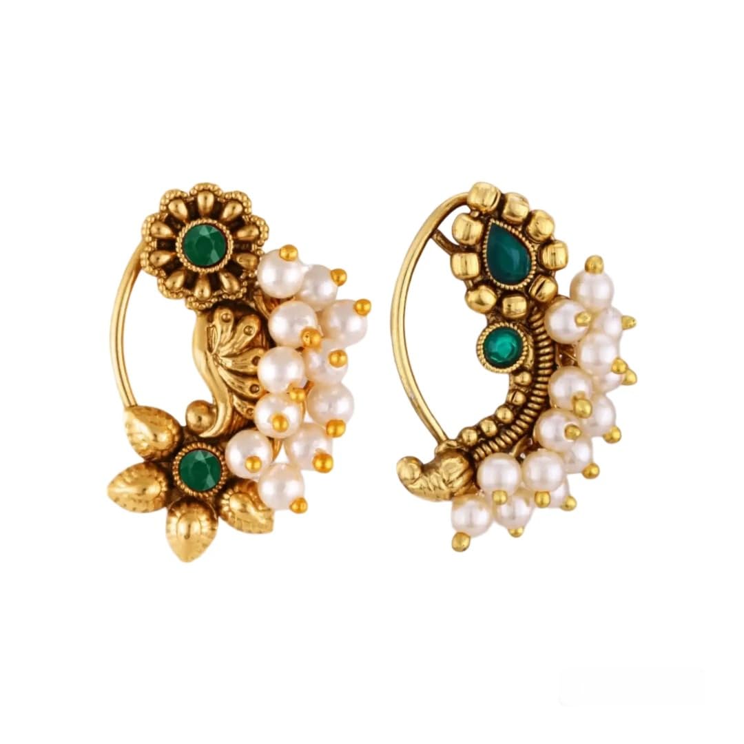 Vivasri s Premium & Unique Pearl Beaded White Moti Studded Gold Plated Alloy Colourfull Nosepin For Women & Girls-VIVA1180-1256NTH-PRESS-GREEN-image-49
