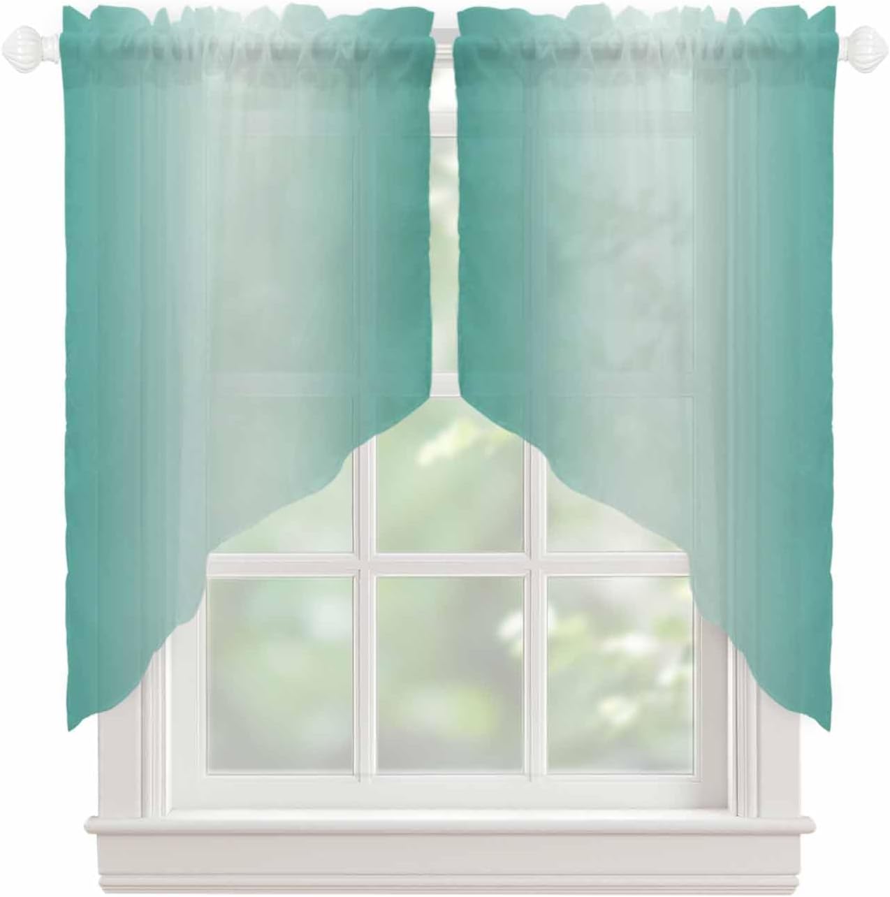 Sheer Swag Valance for Windows Ombre Teal Green Rod Pocket Chiffon Voile Curtain Valances Gradient Color Decorative Window Topper for Living Room, Bedroom, Kitchen 72x63in