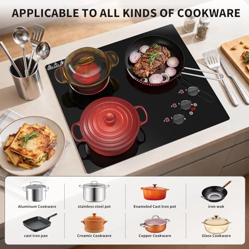 Image of VBGK Electric Cooktop 3 burner,24 inch Electric Stove Top,Touch and Knob Control,LED,9 Power Levels, Kids Lock & 99 minute Timer,5000W 3 burner cooktop with 220V 20-Amp (NEMA 6-20P) Plug.