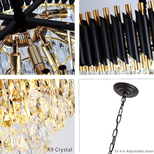 Image of Luxurious 600mm Black Gold Modern Chandelier with K9 Crystals | Warm White, Moonlight & Golden Light | Ceiling Hanging Light for Living Room, Dining Room, Bedroom, Hallway