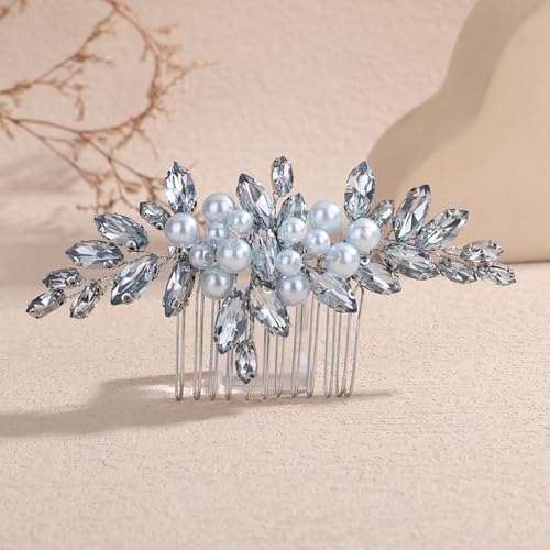 Peine para cabello con perlas y cristales color azul menta miniatura 3
