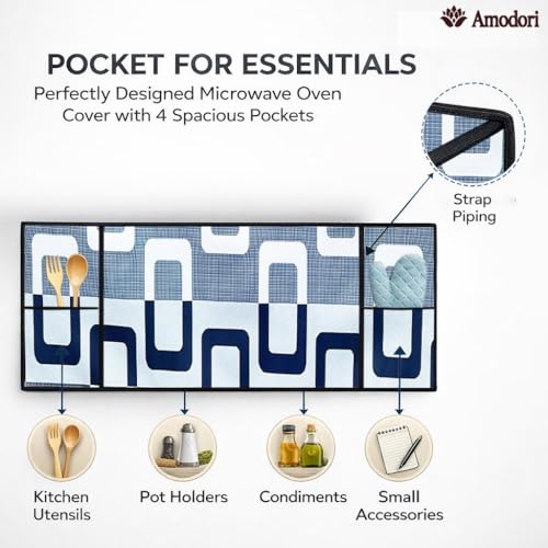 Image of Microwave Oven Top Cover 35x100 cm | Wipe Clean Fabric | 4 Utility Pockets (Geometric-16)