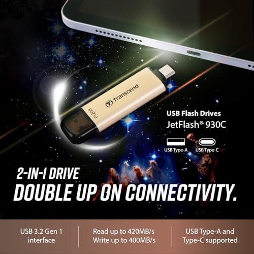 Image of Transcend JetFlash 930C 256GB USB Type C 3.2 Gen 1 (USB 5Gbps) Flash Drive, High Performance & High Endurance Pen Drive, Read /Write - up to 420 MB /s & 400 MB /s, 5 Yrs. Warranty, Gold (TS256GJF930C)