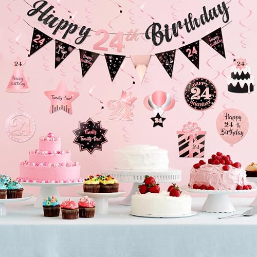 Image of 24th Birthday Decorations for Women Rose Gold Pink Pre Strung Happy 24th Birthday Banner and Hanging Swirls 24 Year Old Party Decorations Supplies