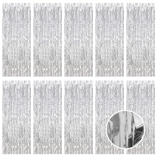 10 Pack Silver Foil Curtain Backdrop 3.2ft x 9.8ft Metallic Tinsel Foil Fringe Curtains Streamer Photo Booth Backdrop for Birthday Party Engagement Bachelorette Party Decorations (Silver)