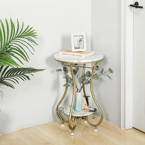 Image of Side End Table Frame Sofa Corner Table for Living Room Coffee Table Striped Top and Metal Frame Sofa Table End Table, Bedroom Simple (White Gold(N))