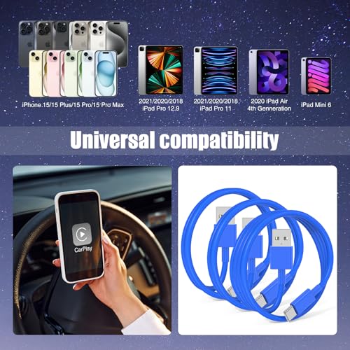 Image of 3-Pack Blue [3.3FT+3.3FT+6FT] USB A to USB C Cable, Compatible with iPhone 15 /16, iPad, Samsung, MacBook, PS5 and More, Fast Charging, Carplay Cable