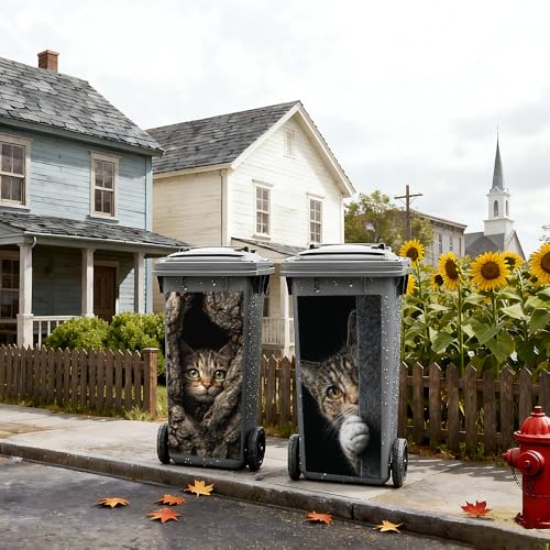 Image of 2 PC Trash Can Sticker 14.57 x 32.28 Inch Cat Peeking Tree Hollow Design Vinyl Sticker with Green Eye and Paw Pattern for Outdoor Garbage Bin Garden Yard Driveway Home Decor