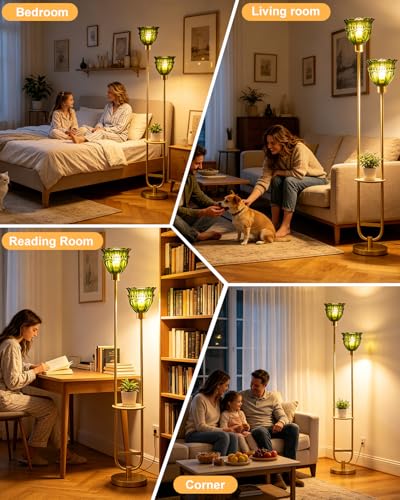 Image of Lightdot 2-Lights Glass Floor Lamp with Table Mid Century Modern Gold Standing Tall Lamps with Green Glass Shade, LED Floor Lamp with Foot Switch for Living Room Bedroom Home Decor (Bulbs Included)