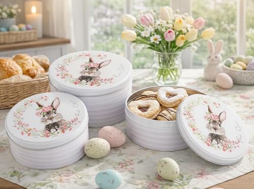KAMACA Lot de 3 boîtes à biscuits en métal en forme de lapin - Boîtes à pâtisserie de qualité supérieure avec motif de lapin nostalgique et couronne de...