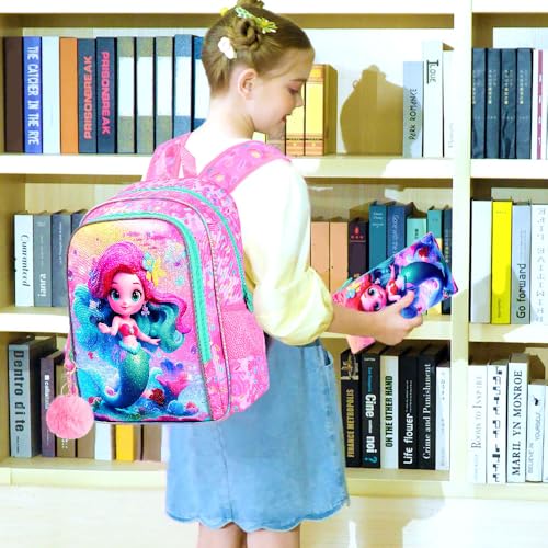 Image of CCJPX 3PCS Mermaid Backpack for Girls, 16 inchKids Preschool Bookbag with Lunch Box, Cute Water Resistant Elementary School Bag for Teen Kindergarten Toddler