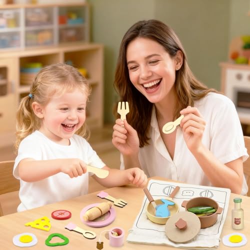 Crelloci Wooden Kitchen Playset for Kids, 45 PCS Pretend Cooking Toy with Velcro-Cutting Food, Pots, Pans & Utensils, Montessori Toddler Cooking Set, Gift for Girls & Boys Ages 3+ - Image 7