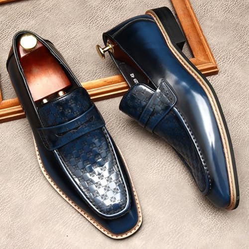 Santimon Men’s Genuine Leather Slip-On Loafers – Designer-Inspired Dress Shoes with Textured Checkered Vamp – Stylish Penny Loafers for Business, Wedding & Formal4