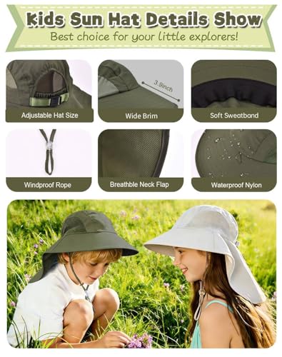 Image of Rosoz Kids Sun Hat with Neck Flap UV Protection Summer Toddler Beach Hat Unisex Ponytail Hat Wide Brim Fishing Hat