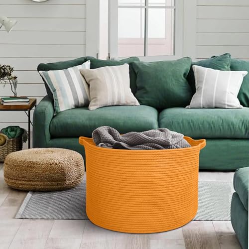 Image of MEGASKET Extra Large Orange Basket, 22 inch X 22 inch X 14 inch Woven Cotton Rope Bins for Blankets, Baby Nursery Wicker Laundry Towel Basket, Kids Dog Toy Storage Box, Big Orange Living Room Decor Organizer