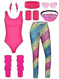 AOTHSO 8 Pieces Women 80s Workout Costume Halloween 90s Outfit Accessories Set Leotard Bum Bag Glasses Headband Leg Warmers