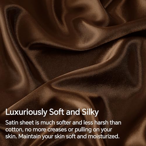 BEDELITE Satin Fitted Sheet and Pillowcases Set, Luxury Soft Similar to Silk Bottom Bedsheet with Elastic Corner Straps, Deep Pocket up to 15 Inch, 1 Fitted Sheet and 2 Pillowcases(King, Brown)