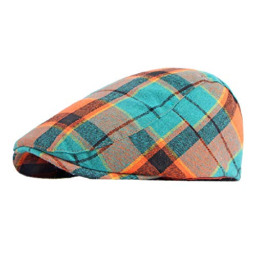 YUELGUANG Men's Cotton Tweed Retro Newsboy Flat Cap Ivy Cabbie Driving Plaid Hat (Orange)