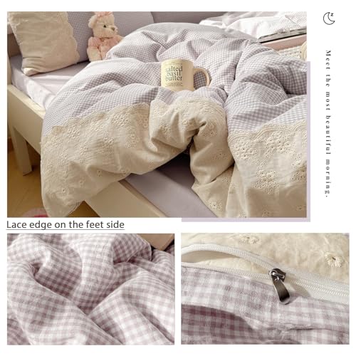 Image of VM VOUGEMARKET Lilac Gingham Duvet Cover Queen Plaid Checkered Comforter Cover with Zipper 3Pcs Soft Breathable Washed Microfiber White Lace Bedding Set for Girls
