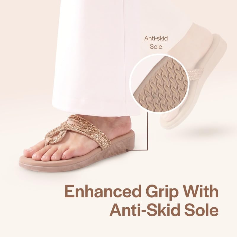 Image of FAUSTO Women T-Strap Slip On Ethnic Sandals with Rhinestone Strap | Wedge Ortho Slip-On Slippers | Perfect for Wedding, Festive Outfits