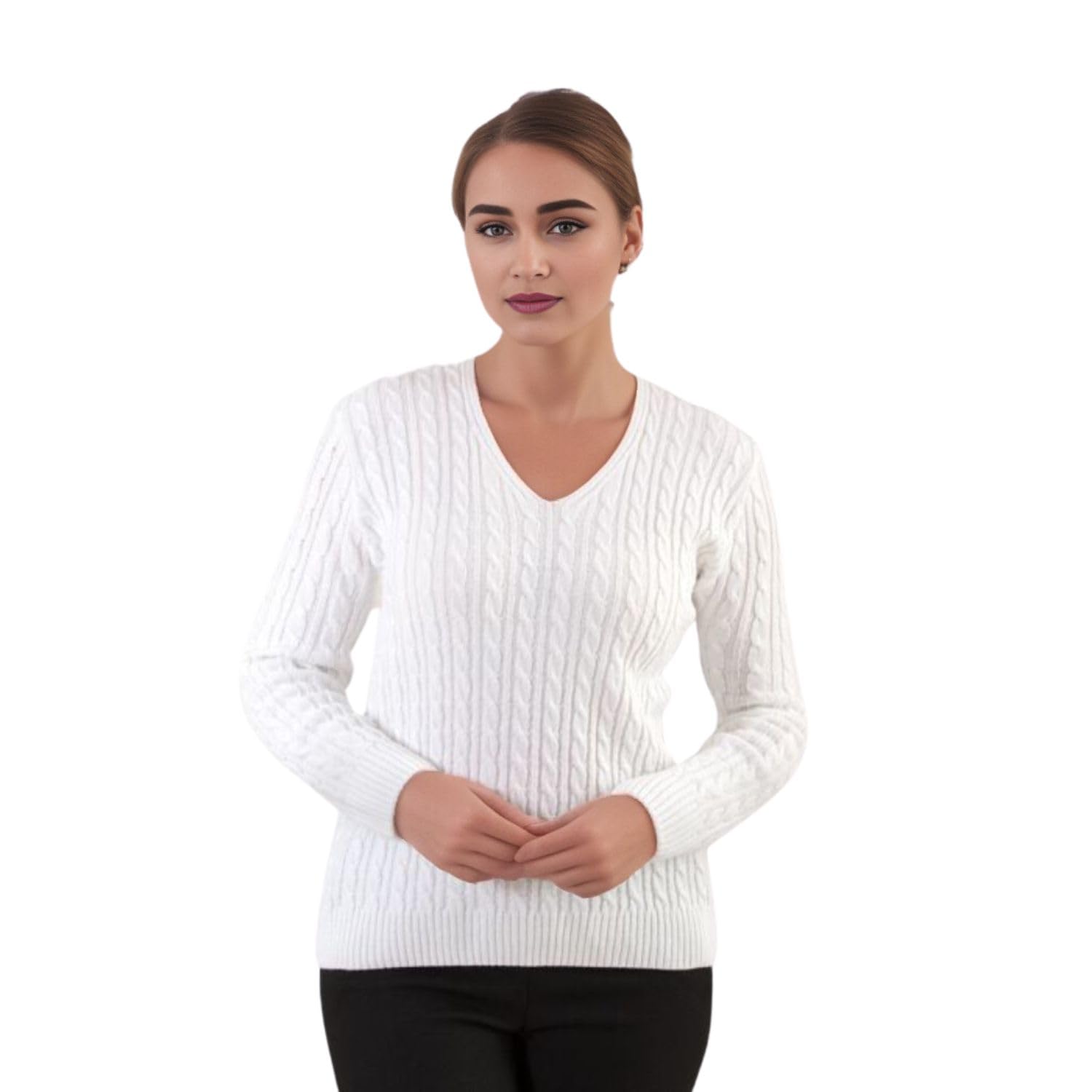 Wearall Women's White Plus Cable Knitted Long Sleeve V-Neck Sweater Top Stretch Jumper - 16-18