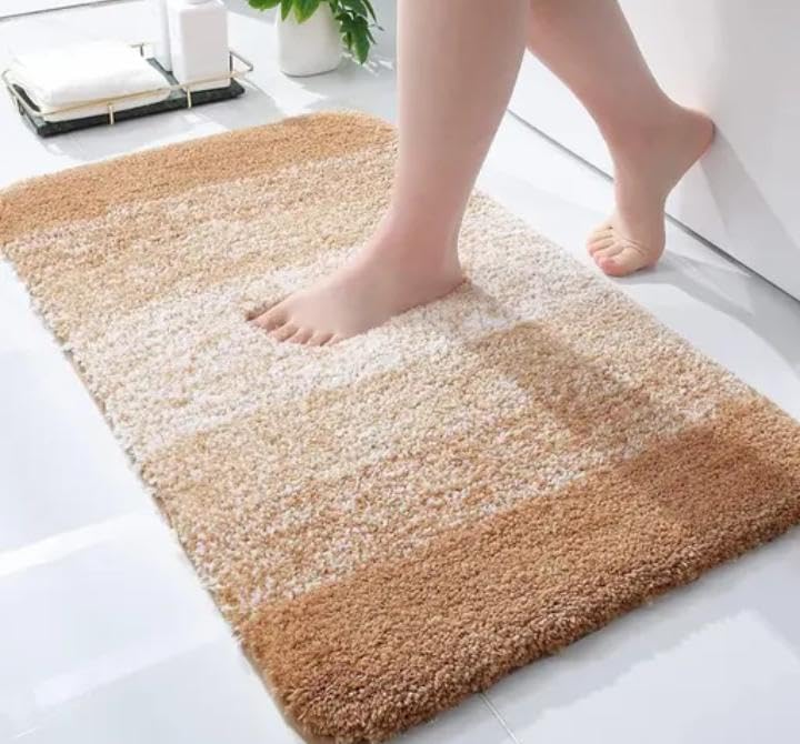 Image of NAMCHI Comfort Beige Microfiber Bath Mat 40 X 60 cm | Anti Skid Non Slip Bathroom Floor Mat | Super Absorbent & Quick Dry | Soft Machine Washable Bath Rug for Bathroom, Bedroom & Home (Beige Striped)