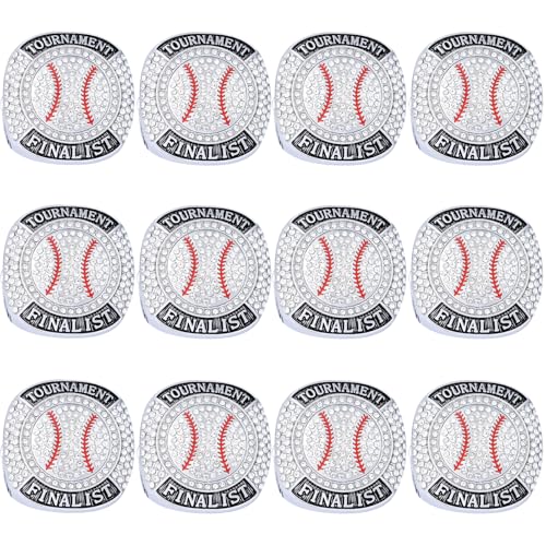 CHXIXUE Size 7-14 Softball Baseball Championship Rings Basebll Ring Trophy Sport Ball Award Gift Winner Tournament Team (12 pcs silver baseball finalist rings size 11)