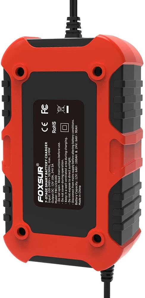 Back view of the FOXSUR Smart Battery Charger showing model and specifications