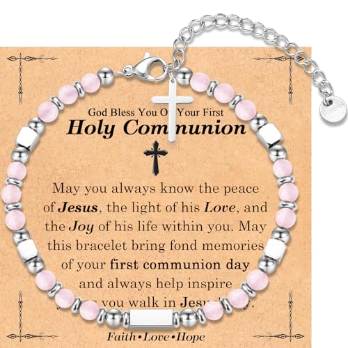Image of First Communion Gifts for Girls, 1st Communion Cross Beaded Bracelet First Holy Communion Gifts Easter Basket Stuffers Gifts for Girls Daughter Granddaughter Niece Sister With First Communion Cards