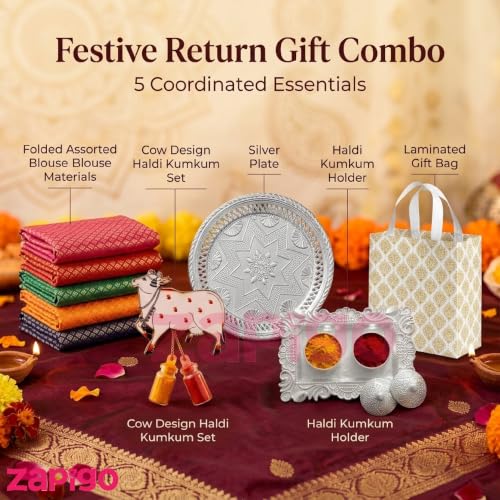 Image of Habba Traditional Return Gift Combo with Blouse Piece, Cow Kumkum, Silver Kumkum Box, Silver Plate & Laminated Bag for Women, Haldi Kumkum & Tambulam Gifts, Diwali, Navratri, Weddings - Pack of 1 Set