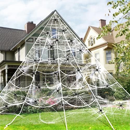JOYIN Halloween Mega Triangular White Spider Web with 24 Spiders and 120g Super Stretch Cobweb Outdoor Decorations for Outdoor Halloween Decor Yard