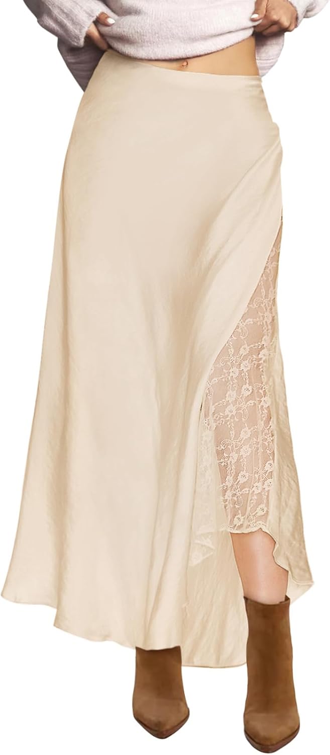 Womens Satin Skirts for Women Elegant A-line Cocktail Long Skirt High Waist Side Split Splicing Lace Midi Skirt