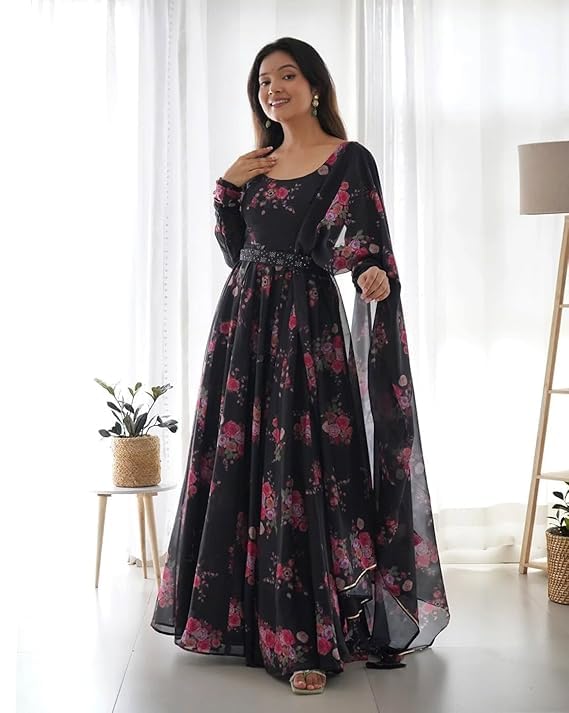 Image of DIGAMBARA Digital Floral Printed Georgette Anarkali Gown for Women, Full Sleeves, Fit and Flare Dresses with Dupatta for Womens and Girls, Black