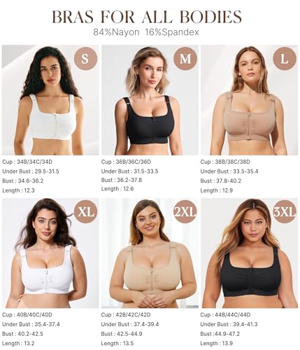 Image of BRABIC Wireless Zip Front Closure Bras for Women No Underwire Full Coverage Comfort Everyday Post Surgery Compression Bra (US, Alpha, 3X-Large, Regular, Regular, Beige)