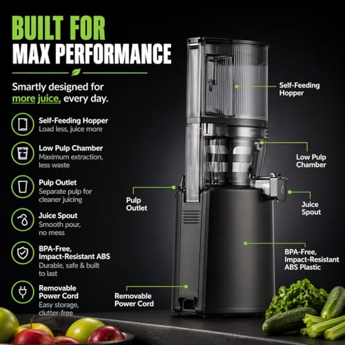 Image of Hurom H320 Slow Juicer, Matte Black | Ultra Low Pulp | Hands-Free | Hopper Fits Whole Produce | Ultra Quiet Motor | BPA Free | Easy Assembly | Cold Press Masticating Juicer, 15 Years Warranty
