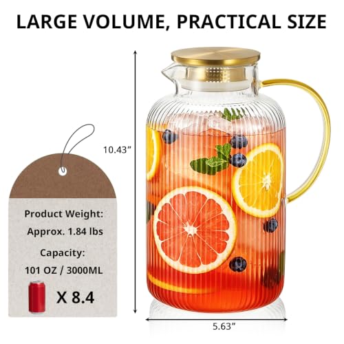 Image of Bivvclaz 3 Liter 101 oz Stripes Gold Glass Pitcher with Lid and Handle