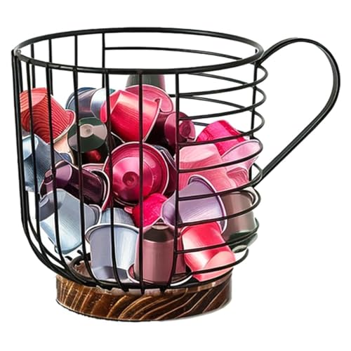 BROSEBEAQ Coffee Pod Holders for Counter - K Cup Holders for Counter - Coffee Filter Holder with Wooden Base - Large Capacity Black Wire Coffee Pods Storage Organizer - Coffee Bar Kcup Organizer