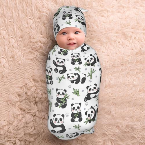 Image of Panda Swaddle Blanket with Hat for Baby, Swaddling Panda Theme Baby Stuff