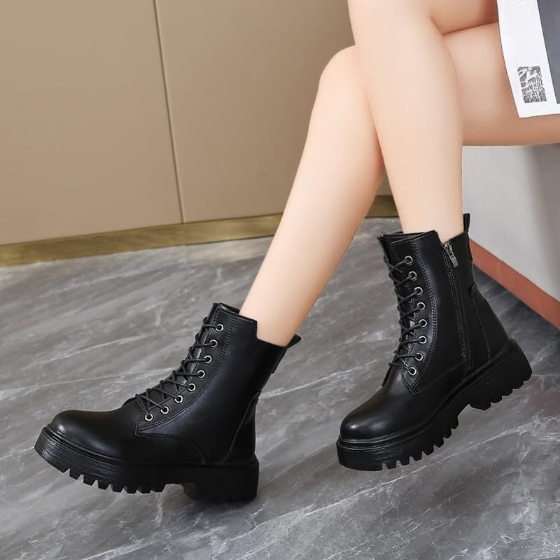 Women's Lace Up Combat Boots Platform Ankle Booties with Side Zipper Chunky Low Heel Round Toe Flat Shoes4
