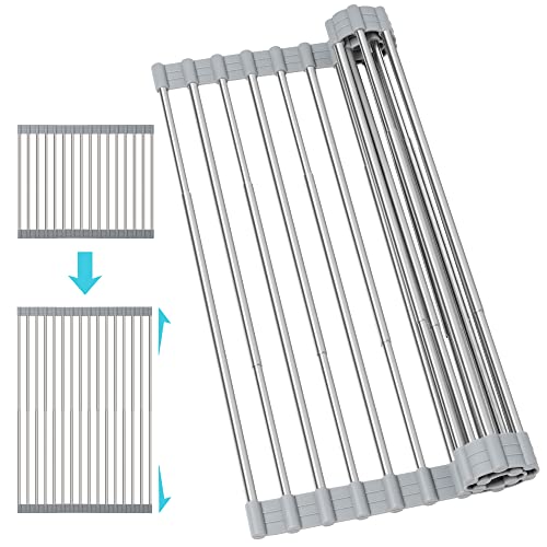 SPLF Adjustable Roll Up Dish Drying Rack, Collapsible Over The Sink Dish Drying Rack Kitchen Rolling Dish Drainer, Portable Silicone and Stainless Steel Rolling Rack for Kitchen Sink Counter