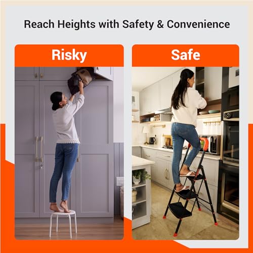 Image of Bathla 2 Step Ascend Steel Ladder for Home Use | Large Platform | (36 x 20.5 cm) | Wide Anti-Skid Steps | Safety Hand Grip | Heavy Duty Foldable | 120 kg Capacity | 2-Year Warranty | Orange & Black
