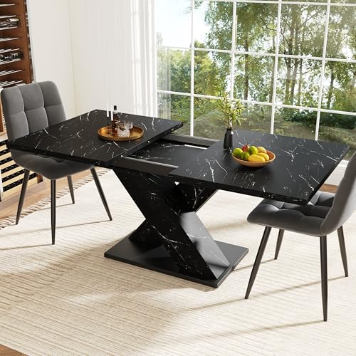 chellago Table à Manger Extensible 119-158.5x80cm, Table de Cuisine avec Rallonge Intégrée, Design Marbre Noir, Pieds en X, pour Salle à Manger et Espaces...