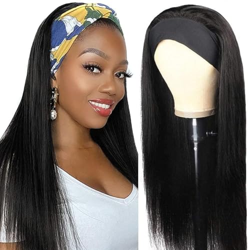 Tmbitto Straight Human Hair Wigs For Black Women Straight Headband Wigs Echthaar Perücken 150% Density Stirnband Perücke Glueless Glattes Haar Straight No Lace Front Wig Natural Color 16 Inch