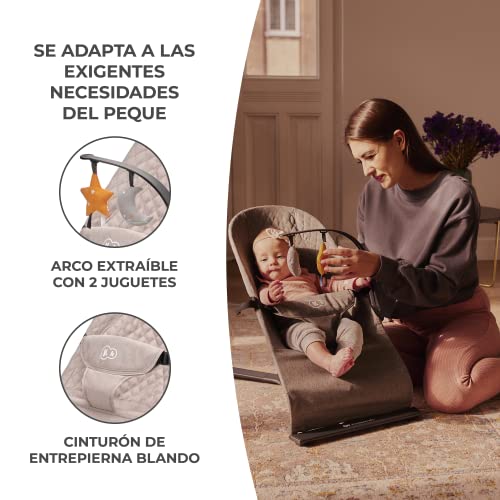 kk Kinderkraft MIMI Hamaca bebé, Balancin para bebés 0-9 kg, Plegado Compacto, Reclinable con una sola mano, Movimiento natural, Arco con juguetes, Materiales suaves, Fácil de limpiar, Beige