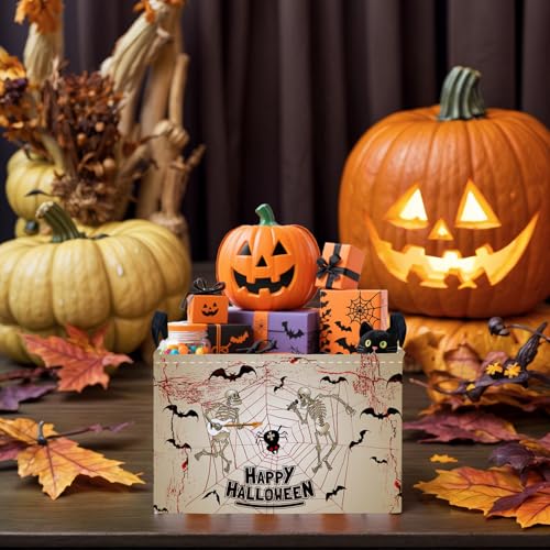 Image of Halloween Basket Gift Terror Ghost Parties Decor Kid Trick or Treat Basket for Boys and Girls Rectangular Storage Bin Box (Skeleton Bat)