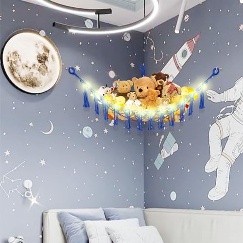 Image of CERETIA Stuffed Animal Hammock with LED Light, Large Stuffed Animals Storage Corner Plushie Net for Kids Room Decor, 2 Packs Royal Blue