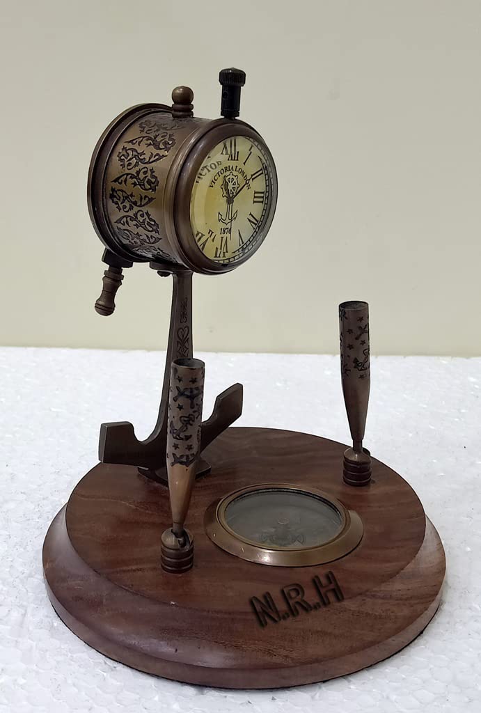 Nautical Brass Telegraph Table Top Clock with Pen Holder on Brown Wooden Base Home/Office Decorative