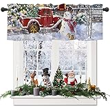 Christmas Snowman Valances Windows Curtains Red Truck Xmas Tree Rod Pocket Kitchen Valance Window Treatments Snowy Winter Holiday Christmas Decor Short Curtains for Bathroom 1 Panel, 54' W x 18' L