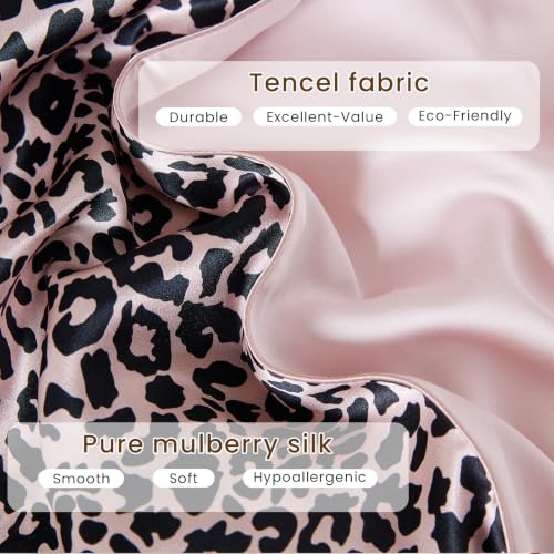 Image of THXSILK Set of 2 Natural Mulberry Silk Pillowcase Hypoallergenic Zipper Pillow Case - Grade 6A+ Real Mulberry Silk Pillowcase Organic Silk Pillow Case (Leopard Print, Queen Size 20 inchx30 inch)